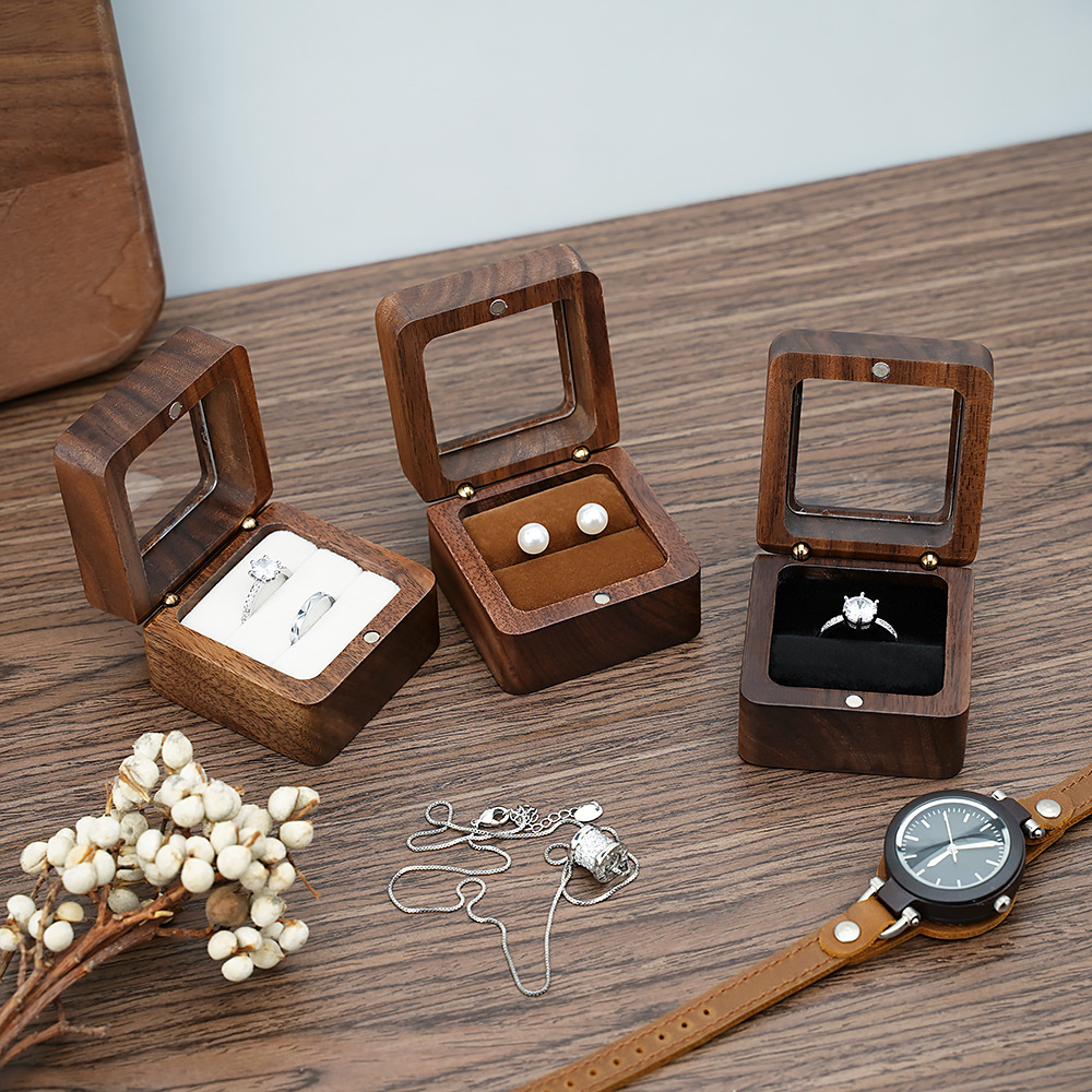 Cufflink Box Set - Zwarte walnoot massieve ringdoos Enkele dubbele